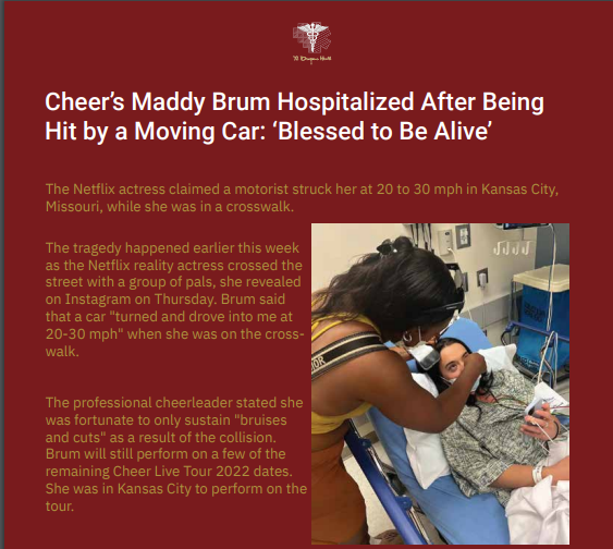 CHEER’S MADDY BRUM HOSPITALIZED AFTER BEING HIT BY A MOVING CAR: ‘BLESSED TO BE ALIVE’.